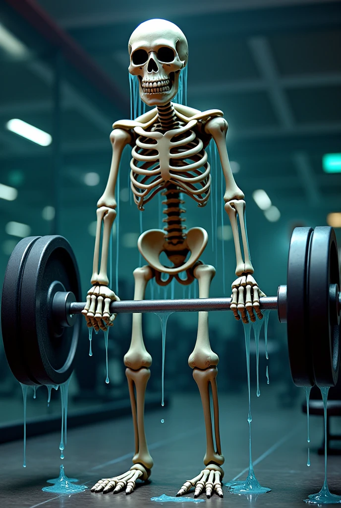 Make me a muscular skeleton lifting a gym barbell to my chest, in black and white