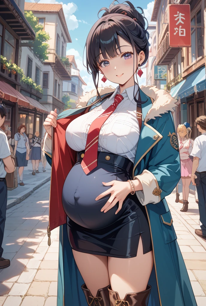 Qiuyue Airi. Ghost chicken, masterpiece, best quality, super detailed, illustration, flat color, depth of field, , , 1 girl, young, Japanese cartoons, go home, full length, Blonde, Double tail, looking at the audience, Red pleated mini skirt, Wet white button shirt, Uniforms, Sefuku, blue tie, Not wearing, black leggings, Small backpack, Delicate leather texture, Detailed fabric texture, Beautiful and delicate face, big breasts, blue eyes, pregnant, tired, faint smile, pink