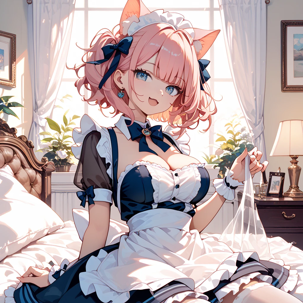 ((masterpiece)), ((best quality:1.2)), ((highly detailed)), (original), ((delicate background)), ((extremely detailed 8K wallpaper)), sweet, depth of field, fantasy,
BREAK
((1girl)), ((solo)), cute girl, anime waifu girl, 20 years old, shiny skin,
BREAK
maid, ((classic maid dress)), ((wearing edgcatlingerie)), cat cutout, cleavage cutout, lots of frills, ((huge breasts)),
BREAK
curly hair, faint pink hair, short hair,
BREAK
((heart-shaped eyes)), pink eyes, tongue out, blush, sweating,
BREAK
full body shot, ((on the bed)), looking at the viewer,