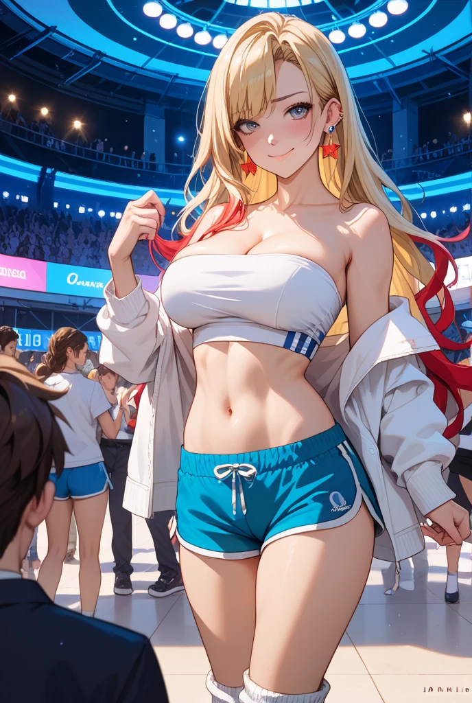 highest quality、complete limbs、full finger、1 beautiful woman、Beauty busty woman:1.3、Women with blonde hair、straight hair woman、((Red sports bra:1.3))、((red bloomers:1.3))、smile、athletics stadium、Stretch