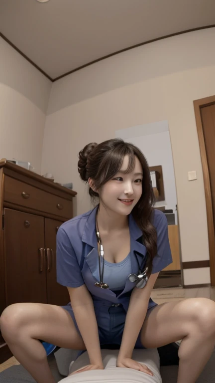 grow、Shy smile、(During sex、During sex、During sex):1.3、Panting Face、lack、Tanned and shiny skin、After being attacked、(1girl)、20 years old, Japanese nurse、white nurse costume, black eyes、(dark brown hair、Bun hair)、full of sweat、(Having sex with man)、(A dildo-vibrator is in a woman's genitals)、Straddling a man、Cowgirl、grasp penis, in the hospital, operation room