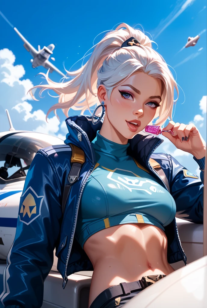 a tall and well-endowed young woman with long, light-green hair. She has blue eyes, prominent eyelashes, and thin, lightning-bolt shaped eyebrows.[4][5] Her attire is a heavily modified and revealing variation of the regular Sternritter's white uniform, consisting of the typical double-breasted jacket, which she keeps tied up to reveal her midriff and unbuttoned, as well as removing the fabric on the sides,[6] to display her cleavage, and a pair of short-shorts which are held up by a black belt with a green[5] heart-shaped buckle attached to the side. She also wears a white cap on her head with gold[5] trimmings, which features a black peak and the Wandenreich insignia emblazoned on its front, and a pair of bulky, shaft-heeled boots.[7]