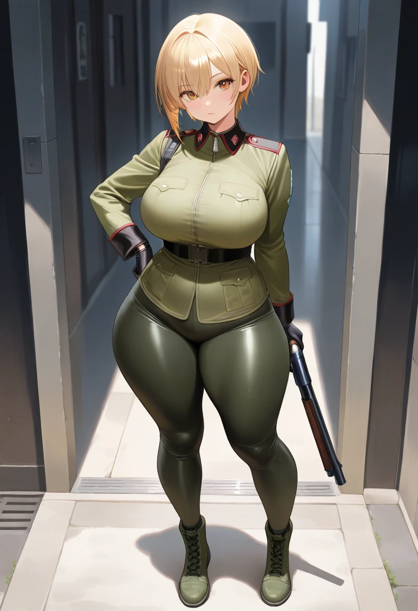 1girl, makima, Chainsow Man, eye patch, solo, big breasts, hair, gloves, eyes, underwear, hand_on_hip, high thin micro panties, hat, ponytail, navel, thick_thighs, high leg, black gloves, jacket, thick thighs, very_leg_panties tall, big_breasts, big_breasts, looking_at_the_viewer, crop_top, hallway_bottom, military_uniform, military, green_jacket