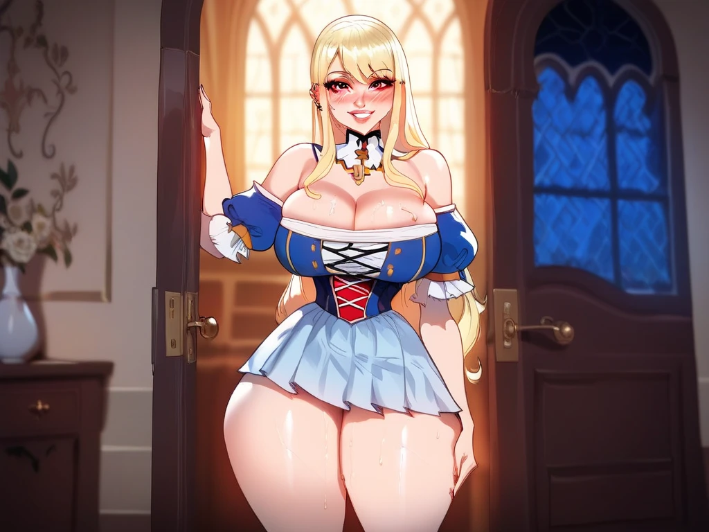 looking at the viewer, alone, smile, leather gloves, Thighhighs, white boots, whole body,,(NSFW),(((nude))),(take off), (big breasts: 1.2), (私 can see your nipples: 1.4), (pussy), (((Extremely thick thighs))),wide hips, thick thighs, huge round ass, huge natural breasts, Shiny and oily breasts,twin tails,blonde,,(spread your legs,she spreads her insides to show her uterus), (orgasm: 1.5), (big breasts: 1.2), (私 can see your nipples: 1.4),(( micro flossy bikini:1)),(((pussyジュース:1.4))),((Are standing)),