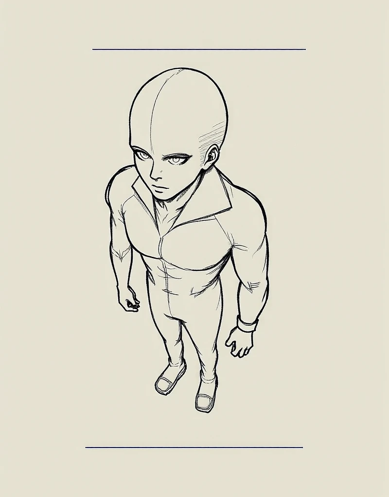 best quality, high resolution, (((clean background))), high contrast, line-drawing, monochromes, sketch, Pencil drawing, comic strip、manga comics, white background, clean line drawings, vibrant colors, undress, (((boy, solo, thin body))), (((bald))), ((naughty expression, Smiling showing four fangs)), (((nude, no breasts)))