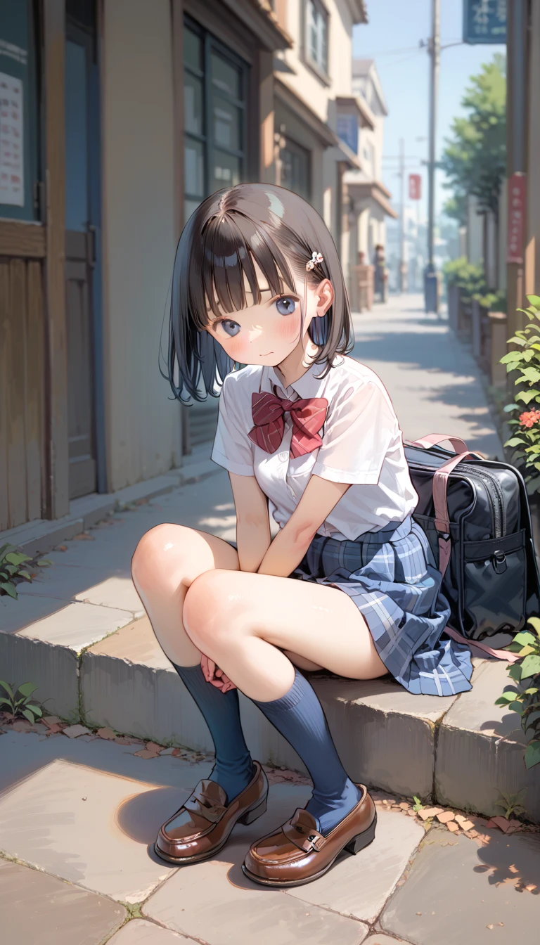 One girl,Highest quality,Super detailed,High resolution,(photoRealistic, Realistic, photo-Realistic:1.2),(9,Flat Chest),bangs,(smile:0.3),,shigure ui (virtual),Dilapidated,,Backpack,bag,bangs,Black Dress,Black footwear,blush,Pompom hair ornament,Collared shirt,Green Eyes,Knee-high,Light brown hair,loafers,Long sleeve,Apron dress,Pleated dress,school bag,Red Bow,,Sleeveless dress,Twin tails,White legwear,White shirt,anime