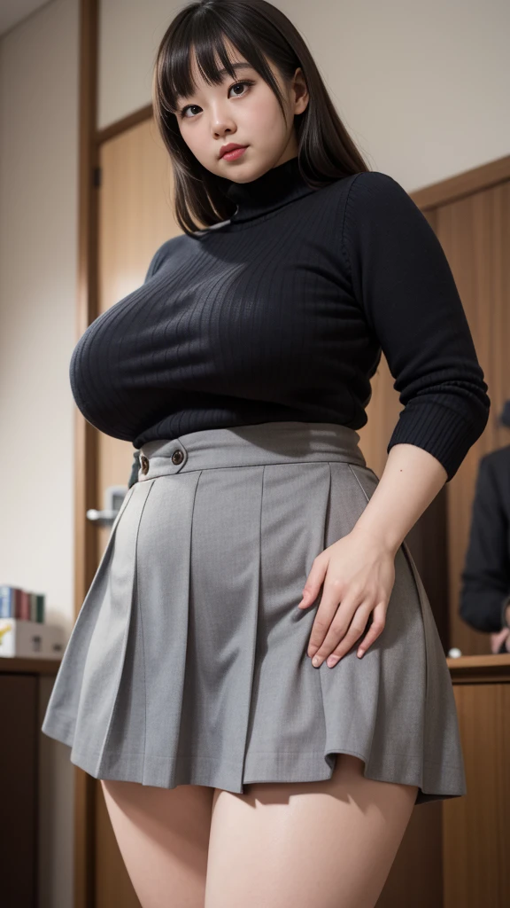 realistic depiction、super obeseのjapanese woman、super obese、super big breasts、Weight 300kg、very fat woman、Fat woman wearing a white collared shirt、black bra、japanese woman、laughter、Tight Skirt、outdoor、a bit、little woman、His height is only 145cm、short legs