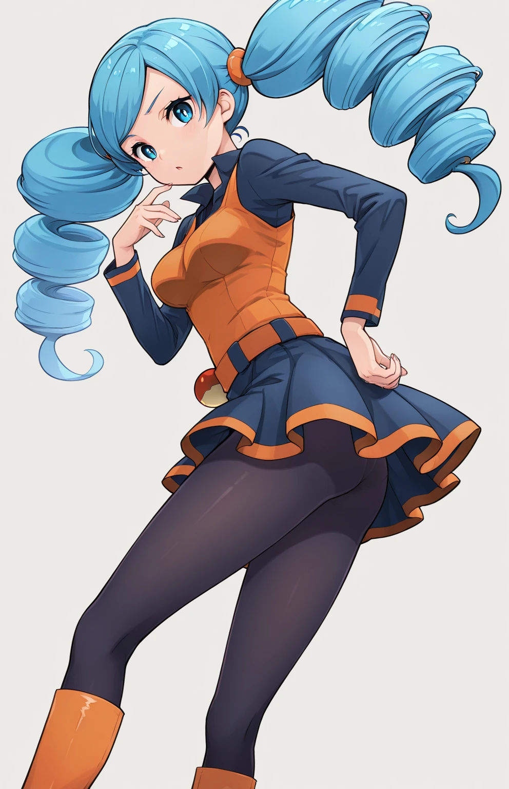 (masterpiece,best quality,absurdres,beautiful,sharp,detailed),outside,wind gust,1girl,big booty,looking at viewer,bwacetrainer,shirt, long sleeves, vest, skirt, pantyhose,twin drills <lora:pokemon_bwacetrainer:0.8>
