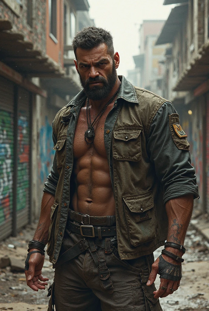 Homem brasileiro, com trajo de guerra, cabelos grandes, corpo musculoso, cheio de cicatrizes, with gun in hand, Holding a sigar with the other hand, olhar frio, Bleeding left arm, nu fim da rua, com liblinas, expression of war, mochila nas costas, qualidade ultra realistica, melhor obra-prima, qualidade extremamente realistica, bem detalhado, melhor qualidade do mundo, todo bem detalhado.