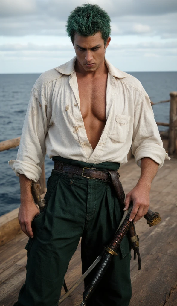 "Photorealistic, hyper-detailed portrait of Roronoa Zoro as a live-action master swordsman. Realistic textured short green hair, intense, focused hazel eyes (left eye might be subtly scarred or closed depending on the era). He wears a weathered, slightly rumpled white linen open-collared shirt, unbuttoned enough to show the textured dark green fabric of his haramaki. His dark green, durable canvas pants are tucked into scuffed black leather boots. Three distinct, battle-worn katanas with intricately detailed hilts and scabbards are secured at his left hip. He is captured in a three-quarter profile, looking intently over his right shoulder directly at the camera, his weathered right hand resting firmly on the tsuka (hilt) of Wado Ichimonji. The background is a sunlit, sea-worn wooden ship deck, with the vast, realistic ocean and a slightly cloudy sky behind him. Cinematic lighting highlighting the textures of his clothing, skin, and the polished steel of his katanas."

