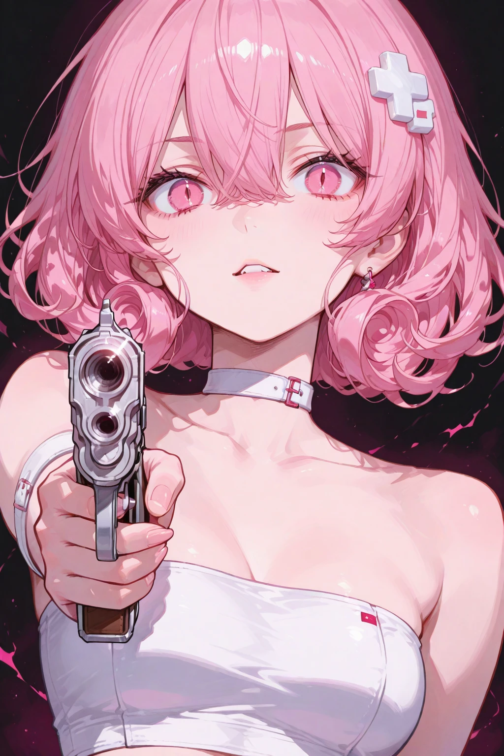 Cool women、sexy、Center of chest、Rize from Chainsaw Man、beauty、Yandere、、Face close-up、Kiss with your eyes closed、Chest tattoo、Hold a handgun、Christian Dior Necklace、ponytail、Pink hair、