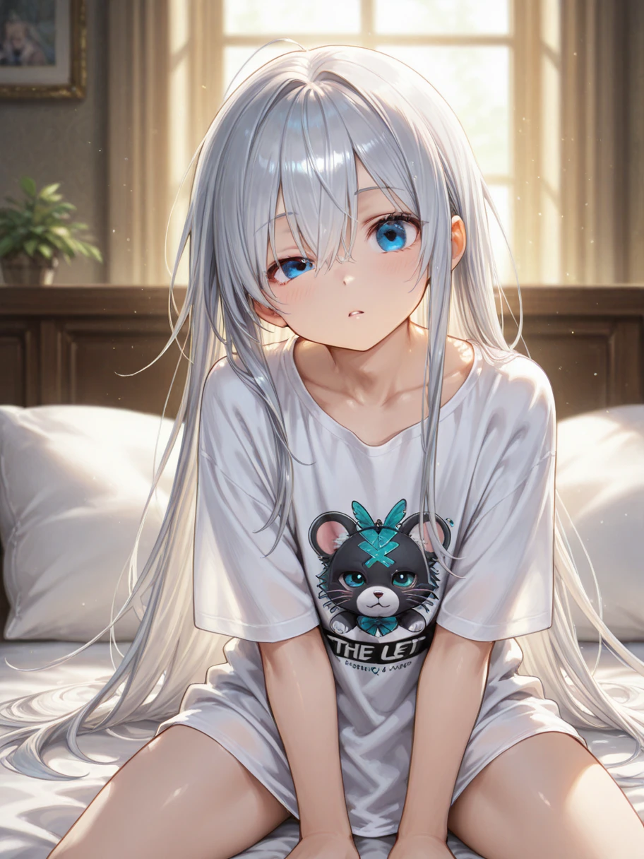 (masterpiece, best quality:1.4), One girl,((top quality eyes)) ,(droopy eyes:1.4),(wedgewood blue color eyes), ( (ash Hair:1.6), one side up, (parted bangs:1.5), open your mouth just a little, (Show the whole body), Medium chest, only shirt, Particles of light, The morning sun shines through the window, sitting, on the bed,