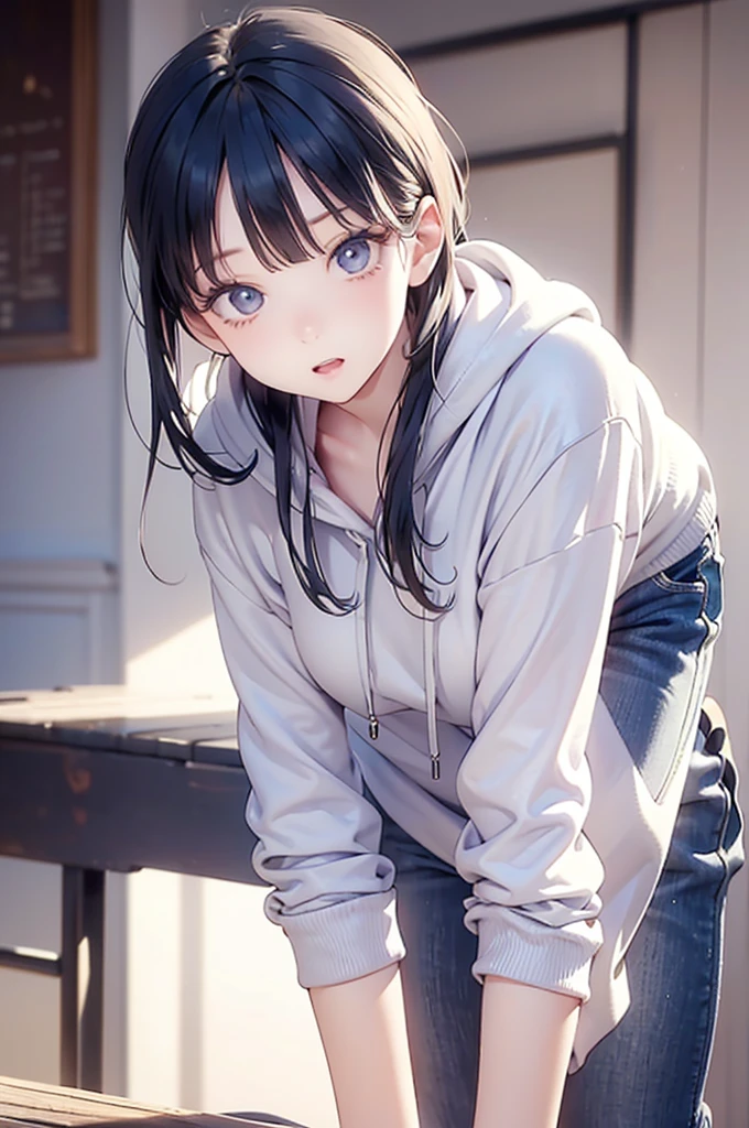((perfect anatomy,realistic:1.3,RAW Photography:1.3,masterpiece、highest quality、Ultra - High resolution、High resolution、Highly detailed CG、8K)),cowboy shot,1 female,solo,18-year-old、High school girl swordsman、18-year-oldの美女,Japanese,((beautiful detailed face and eyes:1.3,big gorgeous eyes:1.3,gray eyes)),black hair,long bob hair,(center parted hair,forehead),shy,shy,tears,(medium breasts,slender body,small head:1.3,skinny),((oily skin)),(gleaming skin,shiny skin),(white hoodie sweat shirt,Denim mini skirt,Love juice:1.5,White socks、white sneakers),sitting,spread legs:1.5,Coffee shop、Simple brown sofa、Tokyo、