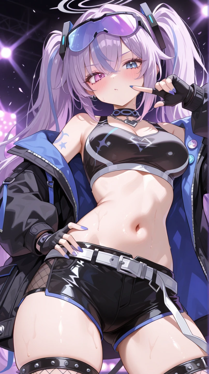 1 girl、belly button、Put your arms behind your back