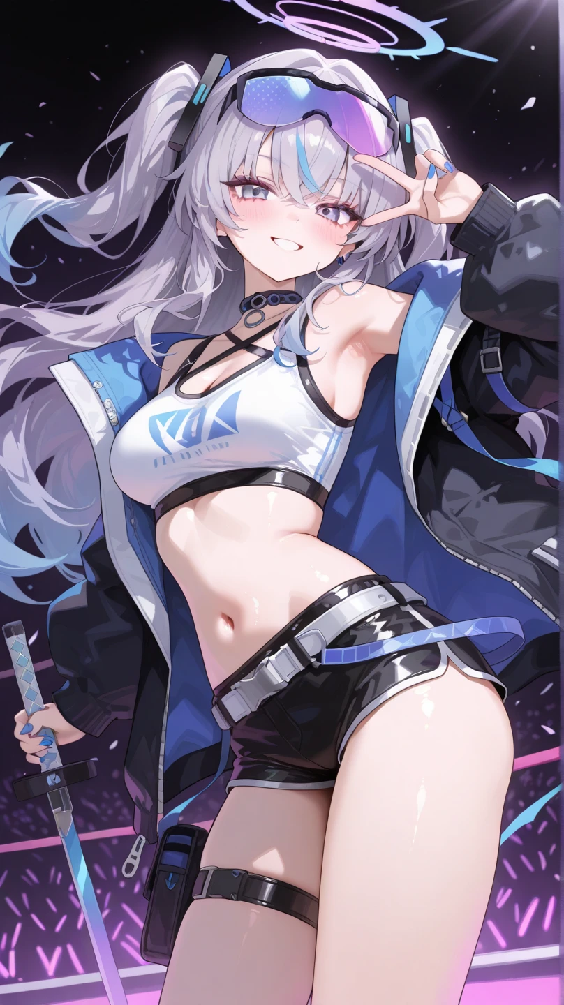 ((Best quality at best, 8K, tmasterpiece: 1.3)), Full body lesbian, Focus Clear: 1.2, Outstanding style: 1.4, Slim abs: 1.2, ((White hair, : 1.2)), cleanness, Highly Detailed Face and Skin Textur, 詳細な目, 二重まぶた,,Chopping,vacuum,revealing her belly,titmouse,Upper body