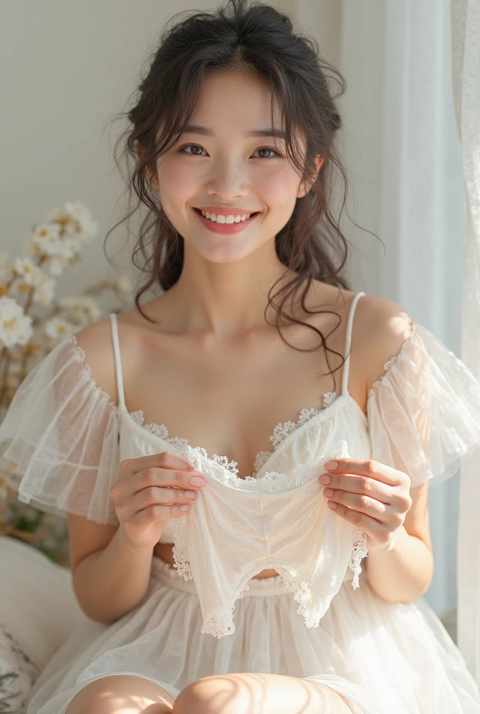 highest quality, masterpiece, Ultra-high resolution,8k, (Realistic:1.6), (Facing portraits) RAW Photos, 1 girl,(Full of smiles, Showing teeth)), 22 years old,((See-through small t-shirt,Nipples are visible)),((Lace panties)),((Jet black short hair)),((Wear a bandana on your head)),((Looking up at the audience)),Face Focus:1.4,((Simple solid color background)), Image Media Chest)),((Smiling with teeth showing)),