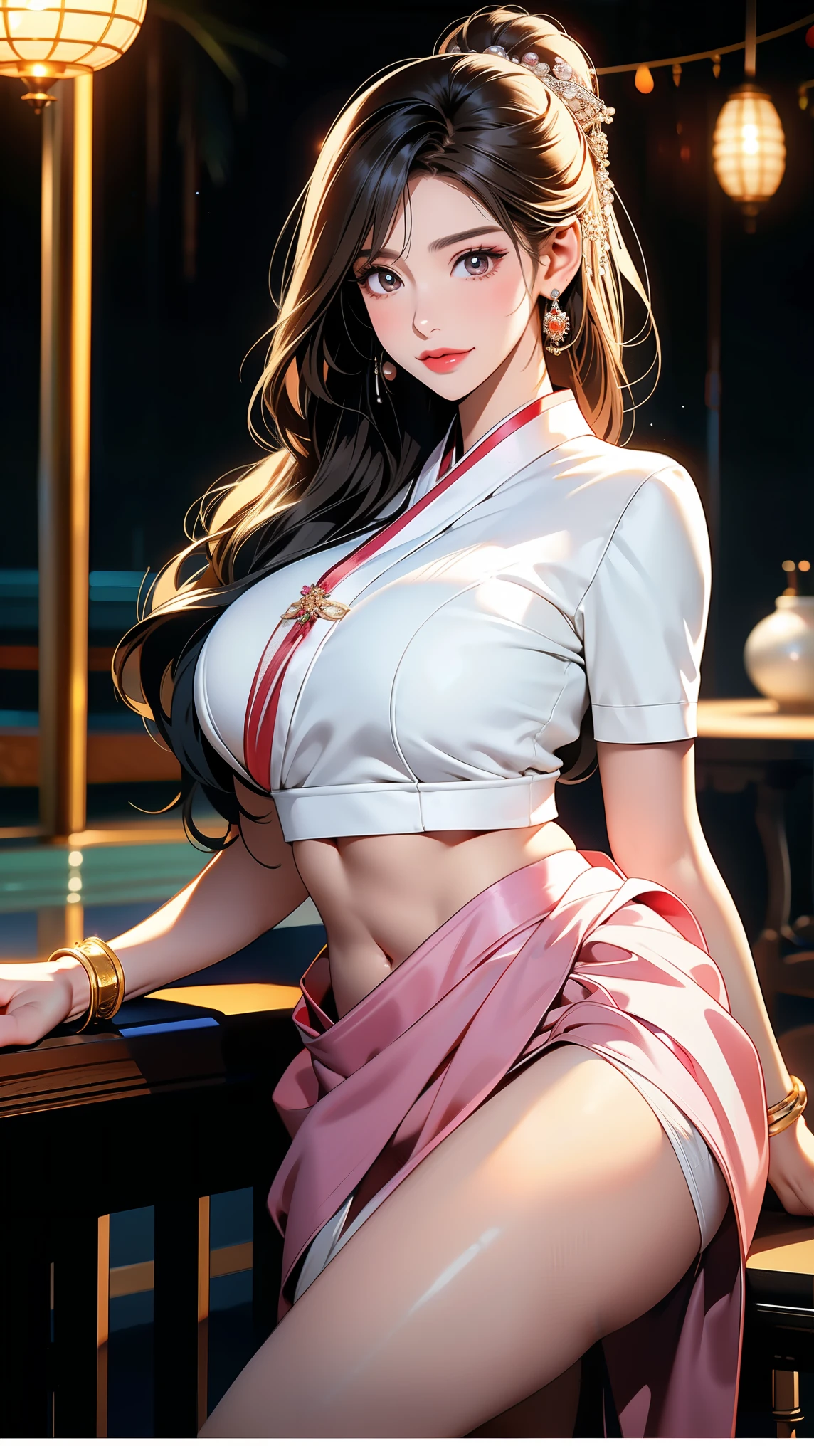 Highly detailed CG unit 8K wallpaper, masterpiece, High resolution, highest quality, highest quality real texture skin, Super Real, Digital Painting, Best image quality, 最High resolution, 8K, (((1 girl))), Very beautiful teenager, ((Highly detailed eyes and face)), Beautiful eyes in every detail, (Full Body Shot, Look away), , nurse, nurse cap, breast pocket, collared dress, short dress, short sleeves, thighs, white dress, cleavage cutout, sideboob, chinese style embroidery, (gigantic breasts, sagging breasts, disproportionate breasts, huge breasts, sagging breasts, curvy, erect nipple, ),((tanned skin)), smile, grin, Strong winds, typhoon, light brown hair,