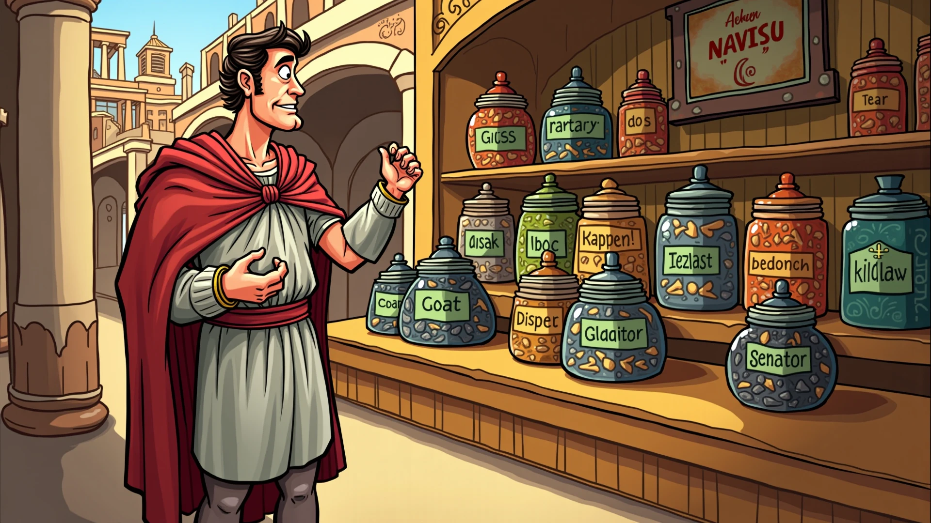 IN ANTIQUITY, bottom: A wine shop, with shelves full of large and small glasses.
Main character: Wine Seller, with a worried expression, showing the large and small vessels.
Details: The cups are clearly labeled as large and small., and there is a calculator or notes on the table.