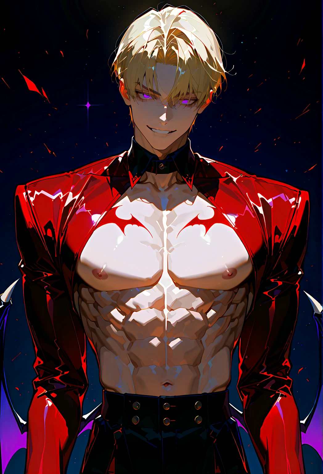 absurdres, highres, ultra detailed, HDR, master piece, best quality, perfect face, beautiful eyes, Quincy, blonde hair, undercut hair, expressive amber eyes, Nu Carnival, solo, sexy man, handsome, horny, lewd, prisoner, black collar, prisoner orange clothes, orange leather jacket, black belt, orange pants, tattoo on the chest, showing the chest, dungeon, petals, magical, fantasy