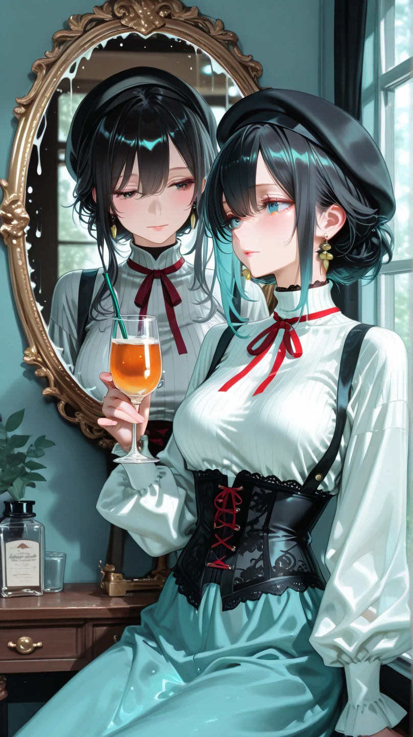 Friends looking at pictures together, Hold champagne glasses and clasp hands
