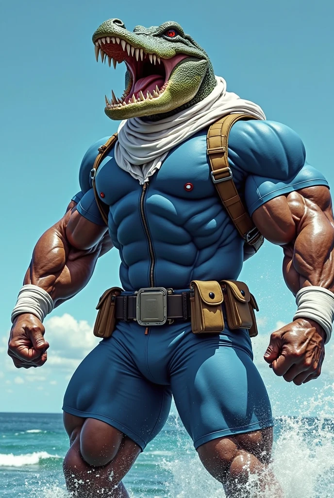 Imagine shark head mutant, blue skin, with an evil face, muscular, wearing a tank top, black sweatpants and white sneakers posing like a bodybuilder, cute style, shibi, 2D cartoon, drawing style, caricature, full body, detailed