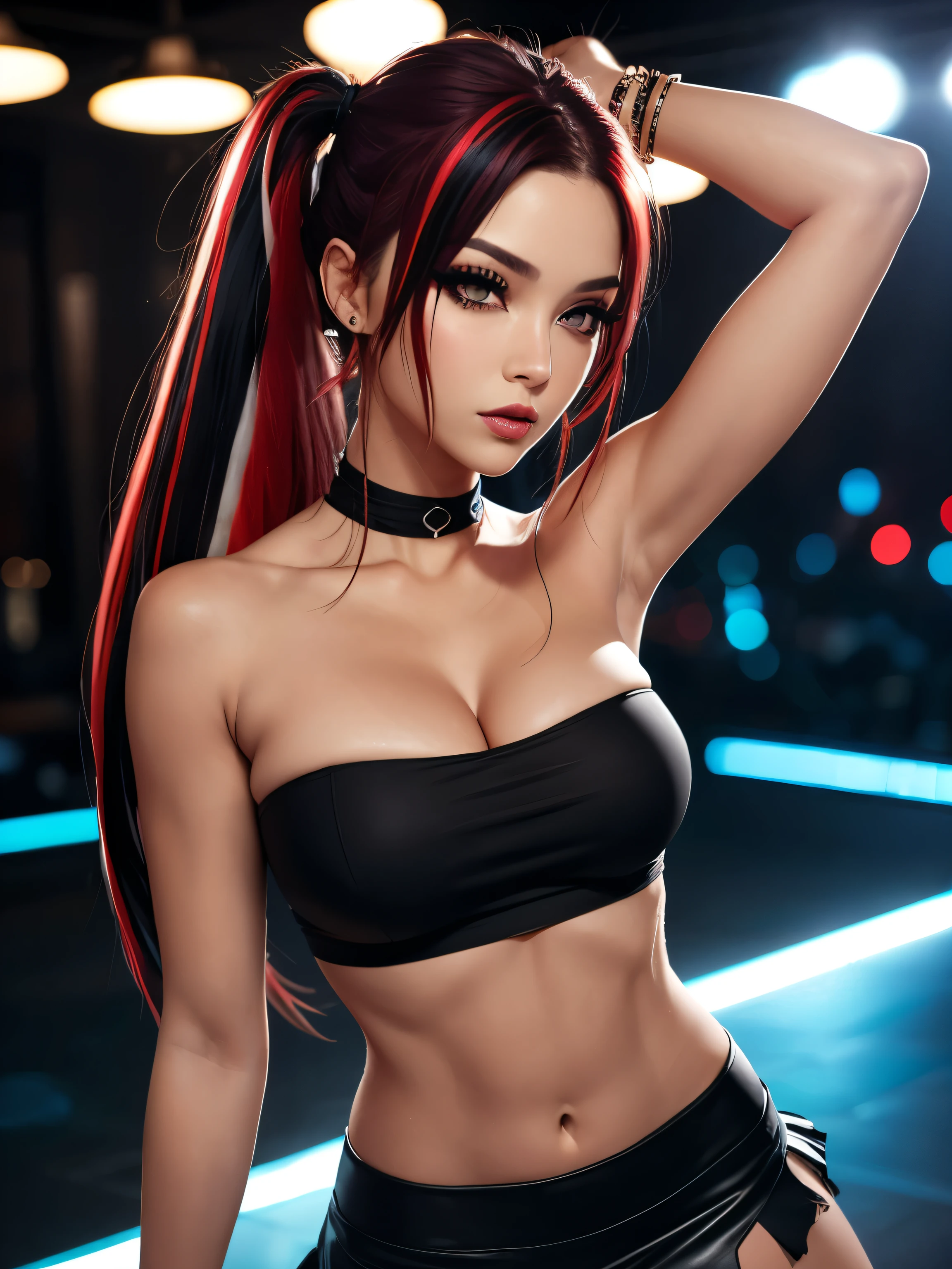 Anime woman,redhead, red eyes, glowing eyes, long hair, gym clothes, black clothes, sexy body, red lips, malicious smile, vampire fangs, sexy clothes, chocker written slut, licking  