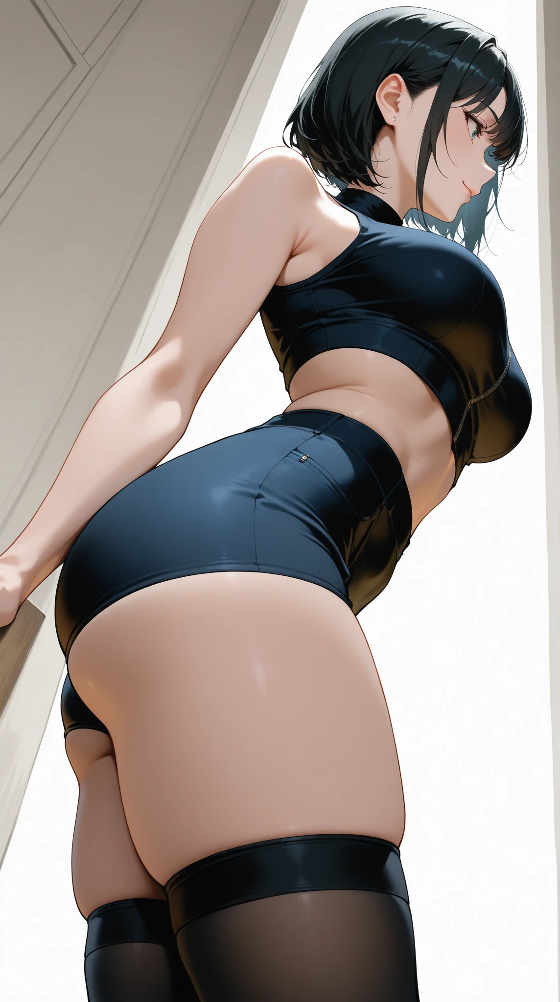 public bathroom, (masterpiece:1.4), (best quality), (detailed), NSFW, hyper photorealistic, full bodyesbian, mature woman, kneeling, leaning toward viewer, looking at viewer, slit pupils, short green hair, black tube top, black miniskirt, black long boot, milf, bare neck, big breast, tiny waist, big ass, bare tummy, bare thick thighs, sexy cleavage, shy, blush, erotic face, shocked, kneeling