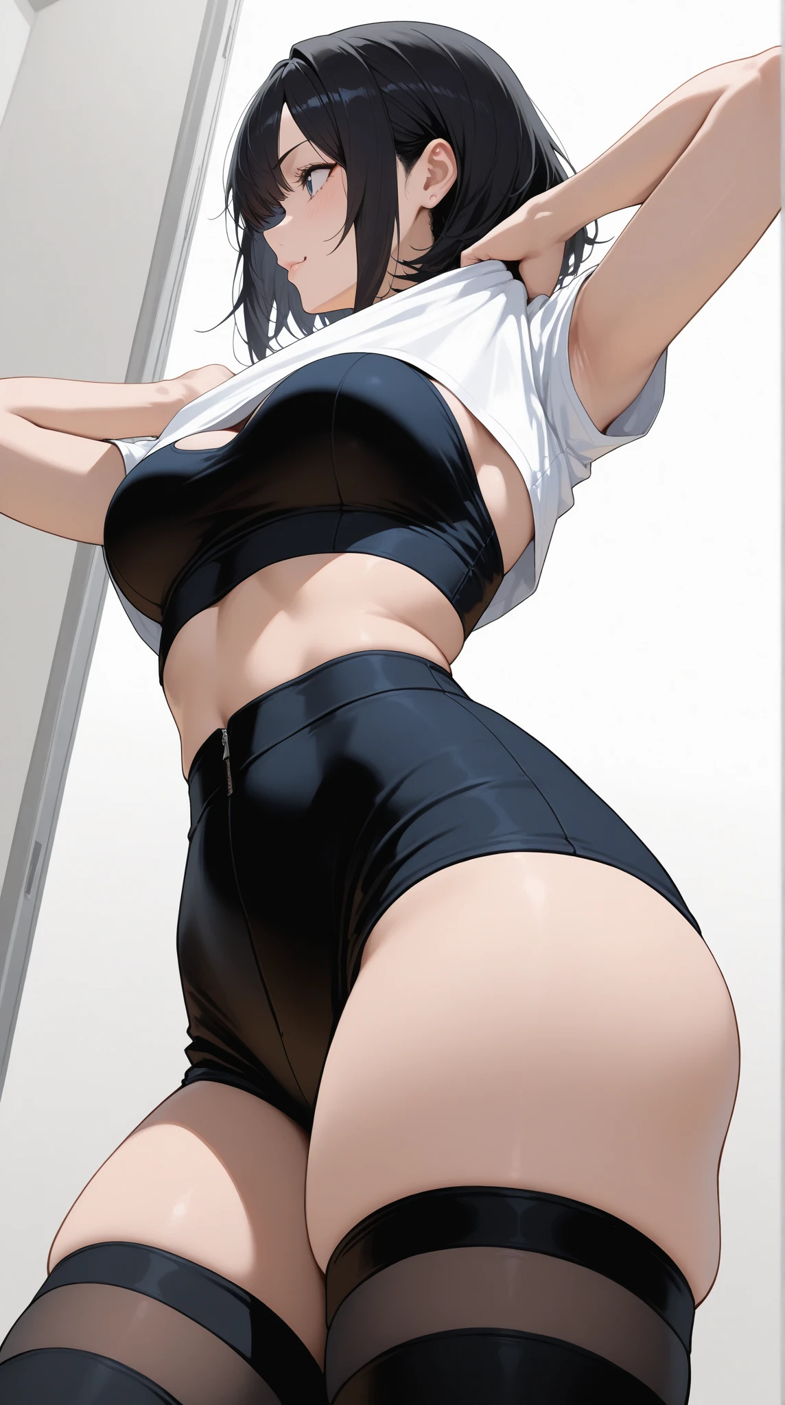 8K,high quality,anime,married woman,fair skinned,beautiful,small face,clean,bright,eye highlights,beautiful line drawing. Black hair, white skin, brown eyes, flashy black dress, sleeveless outfit, hands raised, armpits showing,