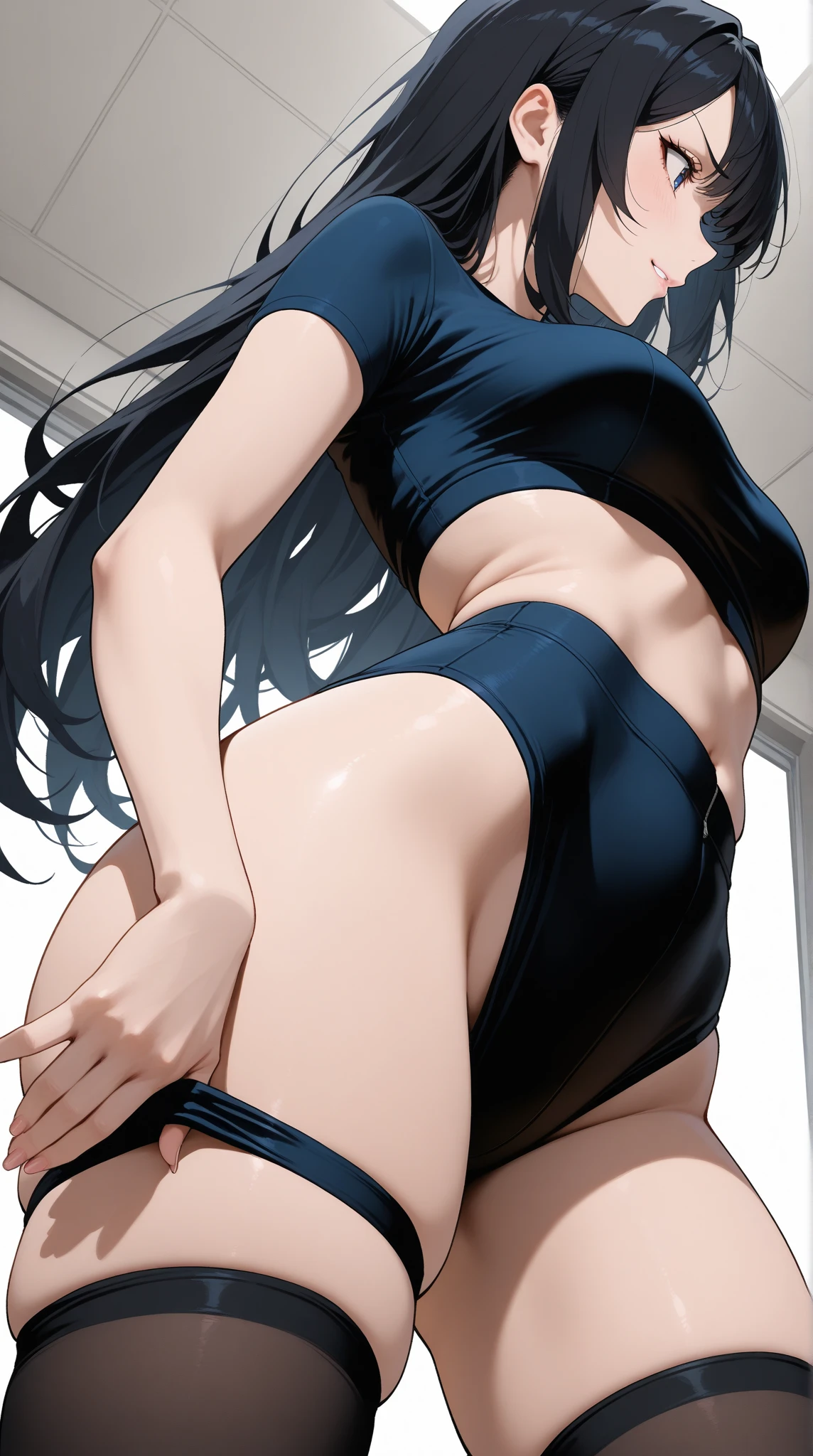 Shokokomidef, komi_shouko, halo, star-shaped pupils, light smile, shy, motion blur, depth of field, Ultra-Wide Angle, multiple views, from behind, from below, 4K, super detail, textured skin, butt, big butt, pasties, undressing