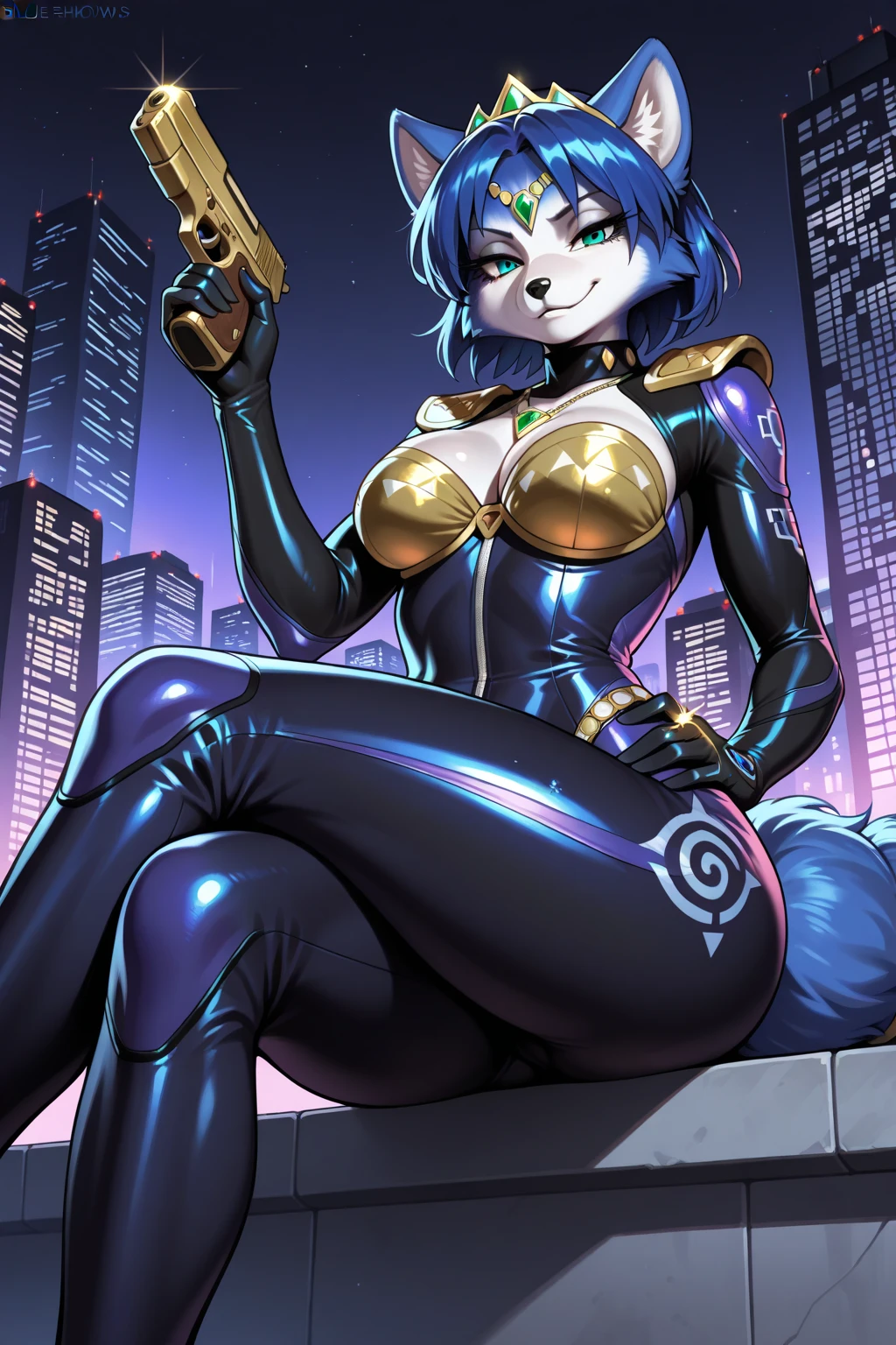 she is a blue  cheetah with black spots . SPARKLE; GLITTER