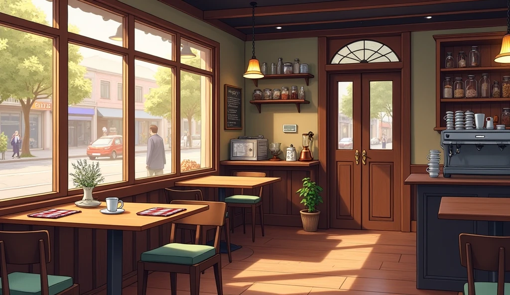 1boy, bishounen, casual, indoors, sitting, coffee shop, bokeh