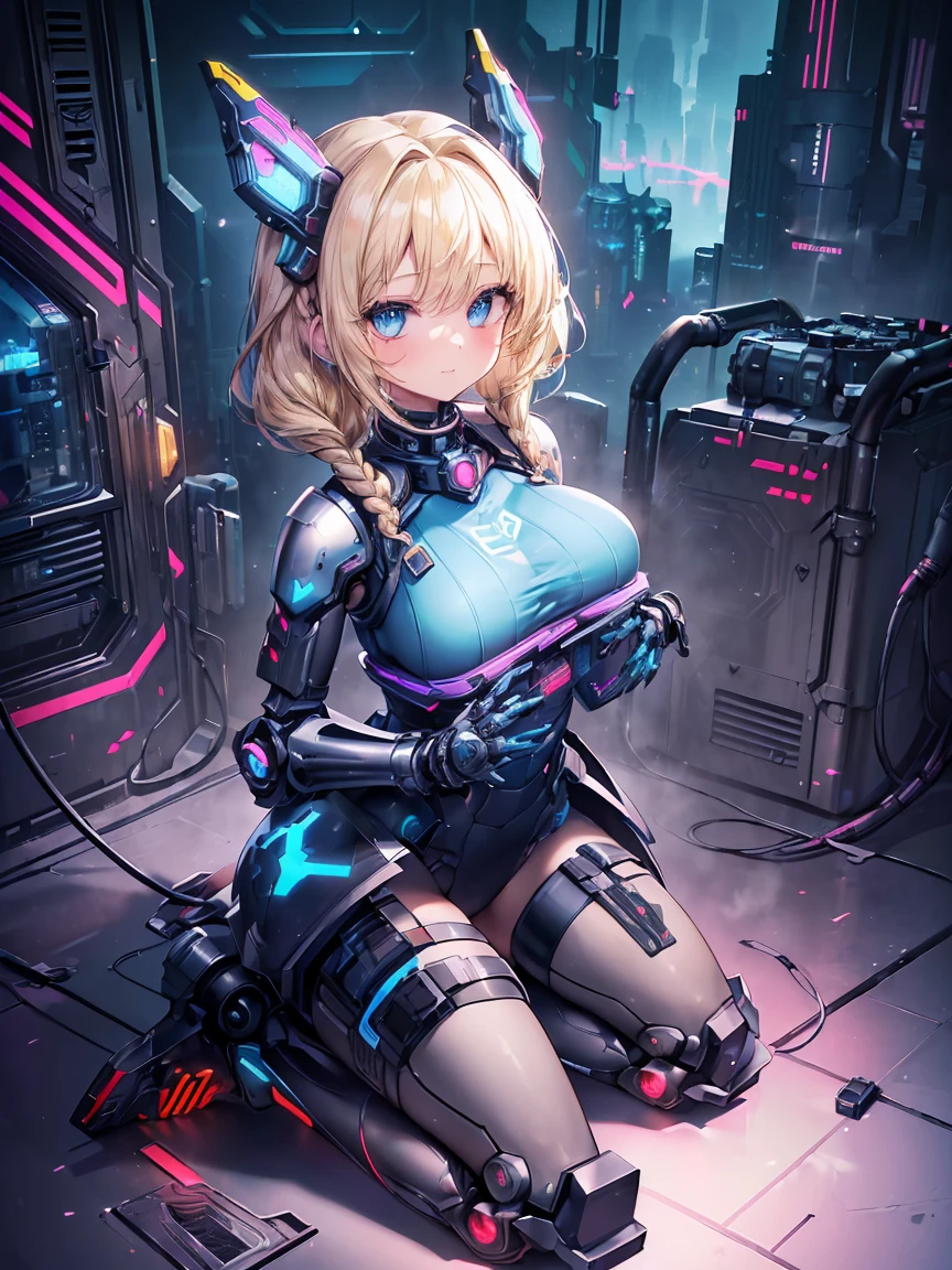 Masterpiece,Best Quality,(Super Detail),Perfect Lighting, Highly detailed CG,Super detailed,(Highly detailed eyes,Very cute face,Highly detailed face:1.3),Beautiful Anime Girl,(Solo Girl),(Super huge boobs:1.6),(Sensual,Glamorous:1.6),(Blonde,Shoulder-length medium hair,Twin braids,Let your hair hang forward:1.5),(Big light blue eyes),(Very happy smile,Open your mouth wide),break,(Cyberpunk Costumes,Heavy full body mechanical armor,Mechanical joints,Blue reactor in the center of the chest,headgear,Waist-mounted thrusters:1.5),Huge firearms,Holding a weapon in your hands,Cyberpunk Background,Cyberpunk cityscape,skyscraper,Neon Light,Are standing,Top view,reach for the viewer,Cowboy Shot