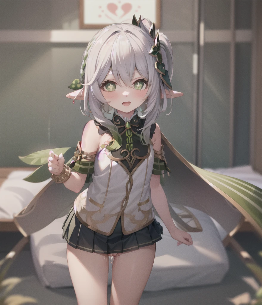 masterpiece, best quality, nahida_genshin, solo, long_hair, green_eyes, bangs, pointy_ears, hair_ornament, white_hair, symbol-shaped_pupils, multicolored_hair, side_ponytail, gradient_hair, green_hair, hair_between_eyes, cross-shaped_pupils, smile, jewelry, leaf_hair_ornament, bracelet, 8yo, ((petite)), from above,
 clear face, :o, straddling, (open clothes), (clothes lift), (flat chest), nipples, pussy, forest,