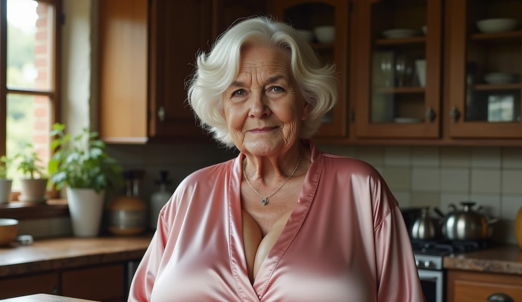 A elderly plus sized woman with a confident and flirtatious smile, looking directly at the camera. high class, She is full naked, undressed, soft skin, highlights her curvy, voluptuous figure, realistic, cutie, exuding a mature sensuality. Her pose is playful and alluring, touching her breast, legs open. The softly lit, intimate background enhances the seductive atmosphere, making her the focal point of the image