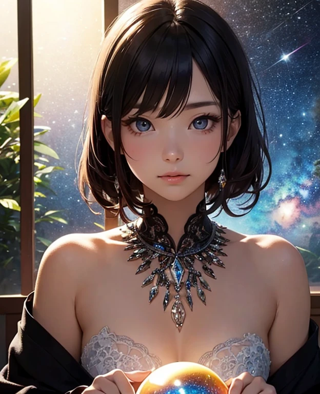 National Science Foundation,masterpiece,High resolution,8K,Art,digit,Three-dimensional,Realism,Kyoto Animation Style,your name movie style,cute,baby face,look into camera,Complex black roses background,(1 female: 1.3),(alone: 1.4),(Upper body nudity),(Huge breasts),Raise your hands,Long eyelashes,Long thin legs,Short Bob,Close-up of upper body,Close-up,Close up,Eyes as deep as the starry sky,blush,shy,cry,(Tears)