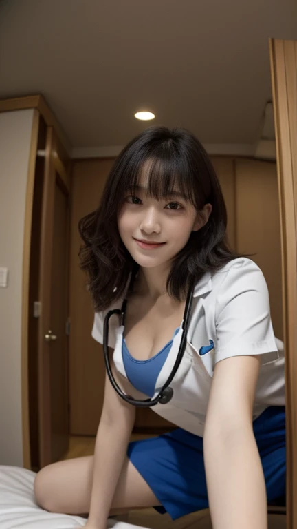 (1 woman)、(Beautiful Japanese、38years old,round face、Refreshing、clear、seems kind、stylish、Pitiful、cute like an angel、cute、black eyes、,actress,Narrow eyes,Adult atmosphere), Good style , (Beautiful big breasts:1.2),(soft breasts),(very cute),(Black hair),(long hair),(updo),(enchanting eyes),(highlight on eyes:1.2)、(8K、Live shooting、highest quality、masterpiece:1.2、optimal lighting)、((masterpiece)),(Photo taken by a professional photographer),(real、photo real:1.4),break,{ (White nurse costume),(((taraditional nurse uniform))),(White nurse mini skirt),((White pantyhose)),(cleavage:1.2)},(cheeks are red:1.2), break, break,Hospital,Face shot:1.3、Hospital waiting room、Looking at viewer:1.0， face close-up,Smile、Crouching