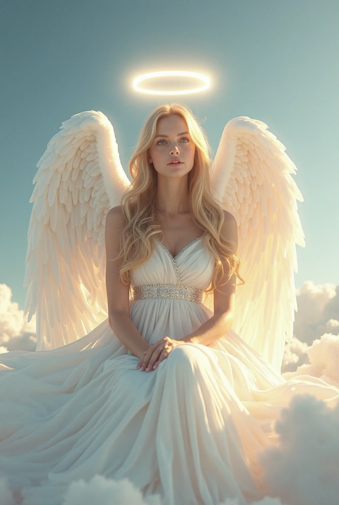close-up photo of a woman as an angel, blonde hair, white halo, white clouds and heavenly sky, looking at viewer,  <lora:megfox_xl_1_standard_merger_23_41_07_03:1>