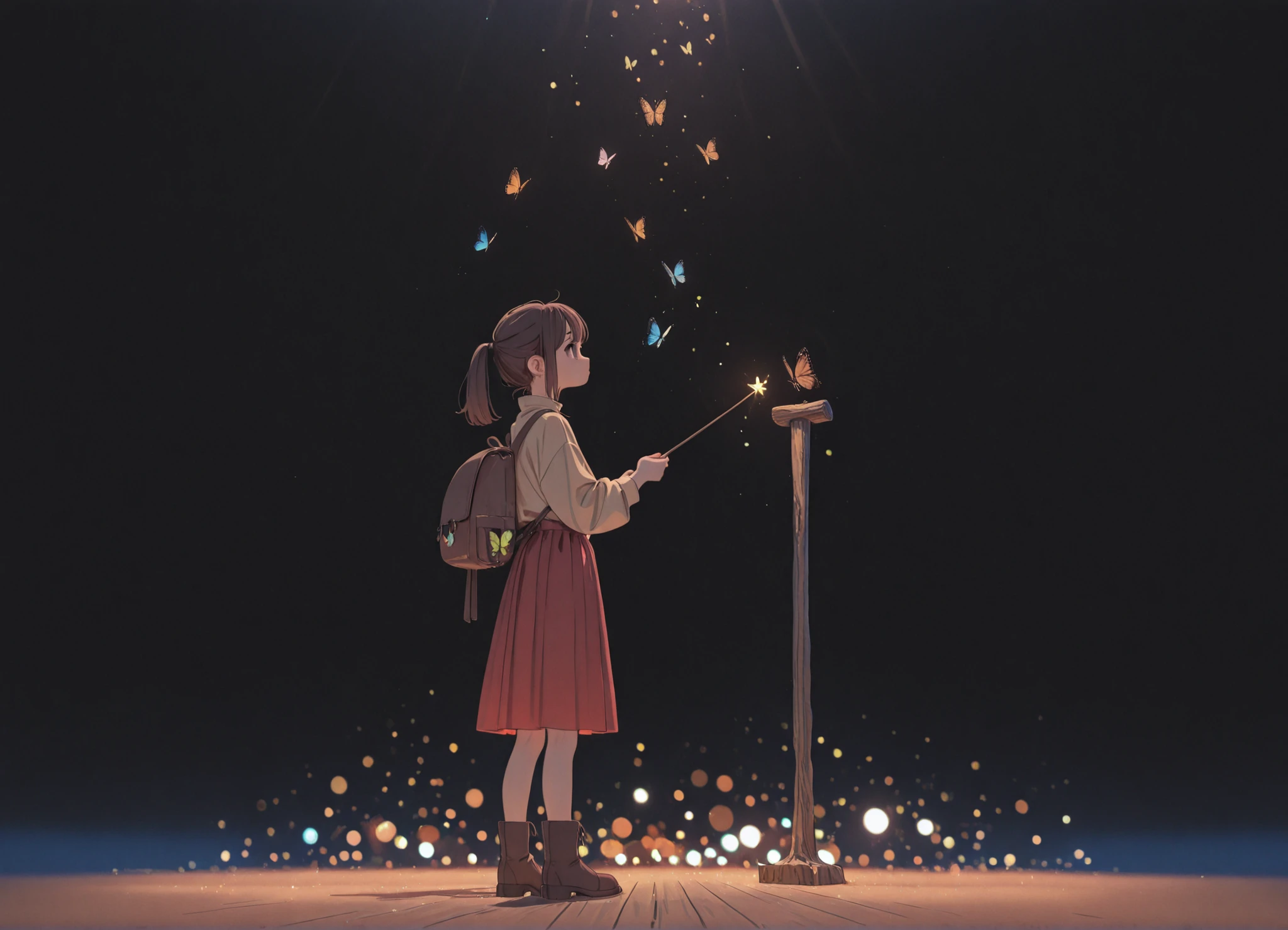 Wizard girl holding a large wooden wand in both hands,dark brown ponytail,Beige Shirt,Red hemp skirt,brown boots,Brown backpack,Seimitsu,4K,high resolution,professional playing with butterflies,HDR,UHD,Studio Lighting, sharp focus,physically-based rendering,bright color,Bokeh,Natural Light,warm