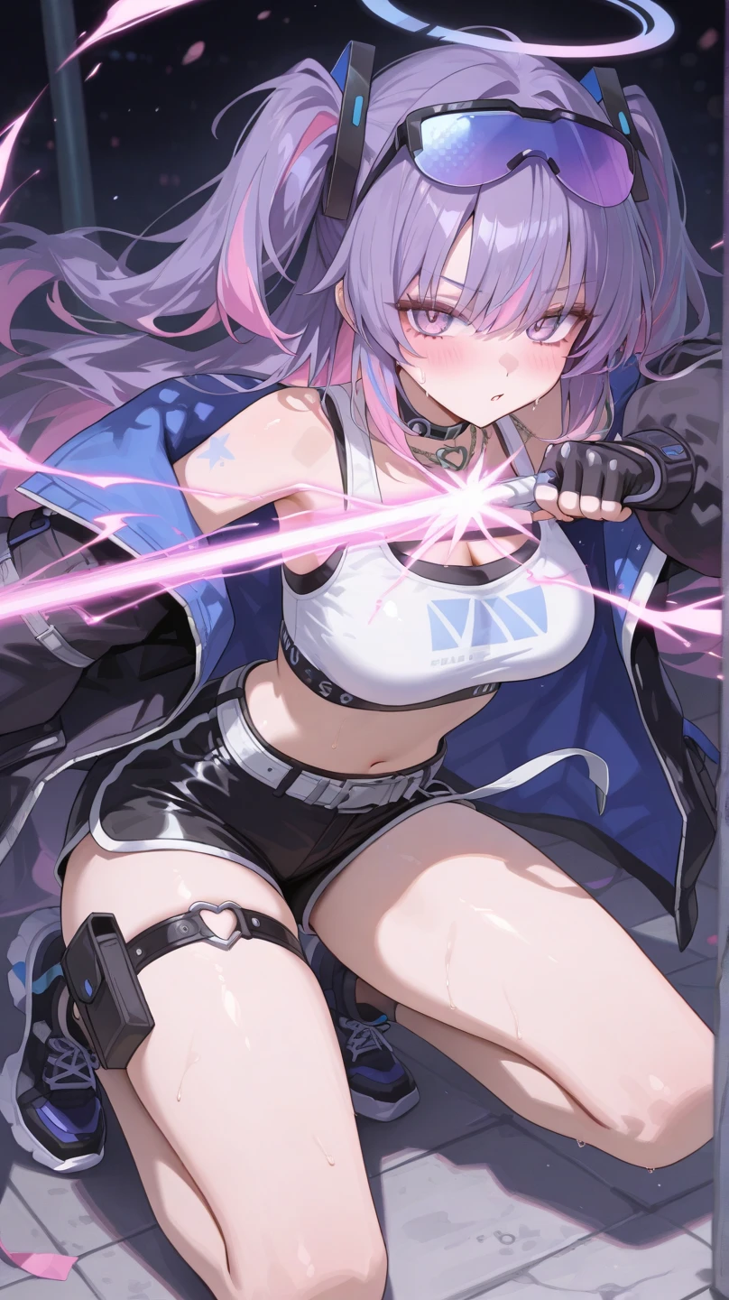 1girl, solo, Purple Hair, Purple Eyes, White long hair, Double ponytails, Gradient hair, brave, White Mech SuitBREAK Black Mech Shorts, Fighting with a boy，panoramic，whole body，Starry Sky，Cyber War Background，Complex atmosphere，Cyberpunk，electric，Fantasy, 1yj1