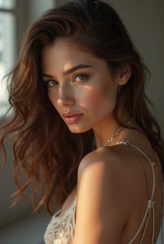 arafed woman with a white tank top and a necklace, sharing drinks with friends, sexy girl with green eyes, portrait sophie mudd, Scarlett Johansson, brown hair and large eyes, selfie of a young woman, bedroom eyes, violet myers, without makeup, natural makeup, looking directly at the camera, face with artgram, subtle makeup, stunning full body shot, piercing green eyes, beautiful angle, attractive pose, cute girl, brunette goddess, high detail, satisfied pose, wearing blue skirt, small mole on the left side of her chest, full lips