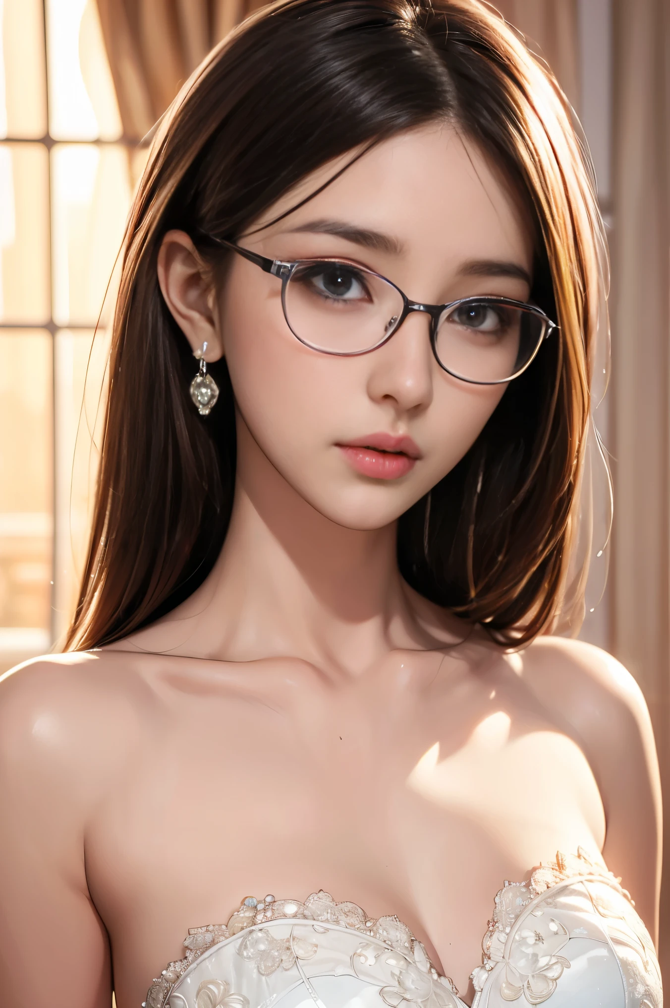 Detailed face of half body photo. 25 year old Indonesian girl with a sweet  face,  big  round face and long brown wavy hair, round glasses, wearing a strapless pink tank top with prominent nipples and exposed navel sleeping on the bed during the day