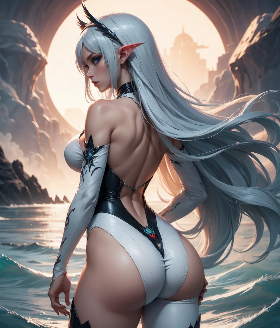 Realistic professional photos with super detail,full-shot,full bodyesbian,Straight lens,one-girl,Blue hair,eBlue eyes,long whitr hair,big round breasts,afloat,sideways standing,Turn Back,stooped,Cock your ass,Rounded ass,Straight ass,power pose,The halo,The best succubus,Arrogant eyes,Looking into the distance,Stand under the stars,The attention to detail,The background is a comet and a nebula,light stre,cinmatic lighting,Side lighting,Dark and detailed galactic background,8K, 4K, (k hd: 1.1), best qualtiy (tmasterpiece: 1.3),Shame pretend,