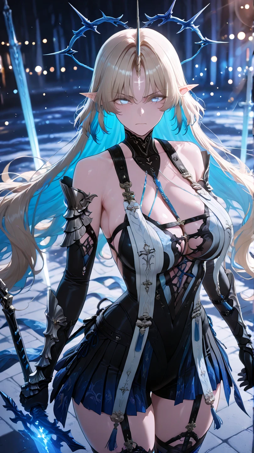 Nara Vor EndField has long, flowing blonde hair that reaches her waist and piercing blue eyes, reflecting intelligence and sharpness. She wears a wide, full-length black dress with a high collar, covering her completely and adding a touch of elegance. Her serious and focused expression suggests determination and readiness for a challenge. The abstract, glowing background enhances the mysterious and dramatic aura surrounding her, emphasizing her strong and charismatic presence.