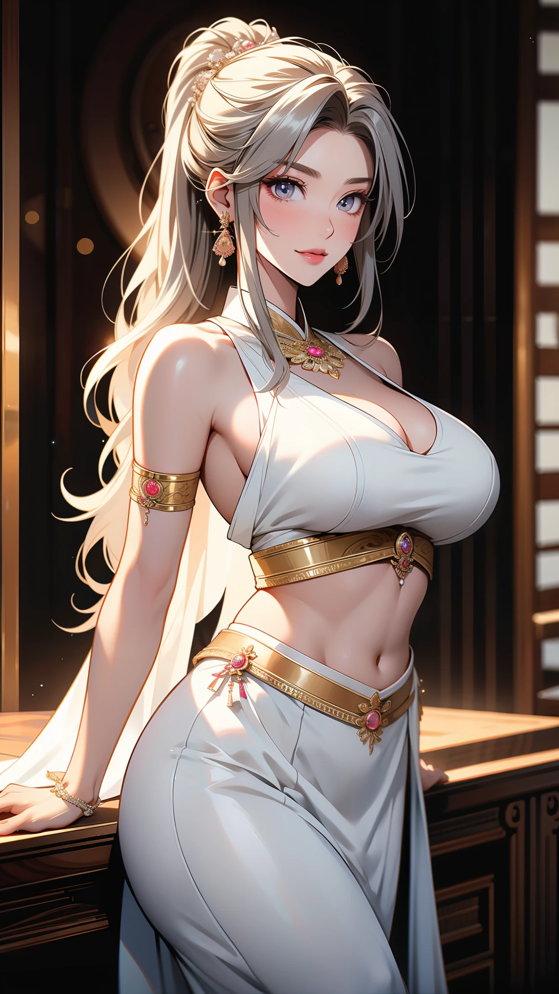 beautiful detailed 25 years old female, wearing Bohemian: Flowing maxi skirt with a crop top and layered jewelry, beautiful face, shiny white skin, white hair, slender, ultra large saggy breasts, massive cleavage exposed, random pose
