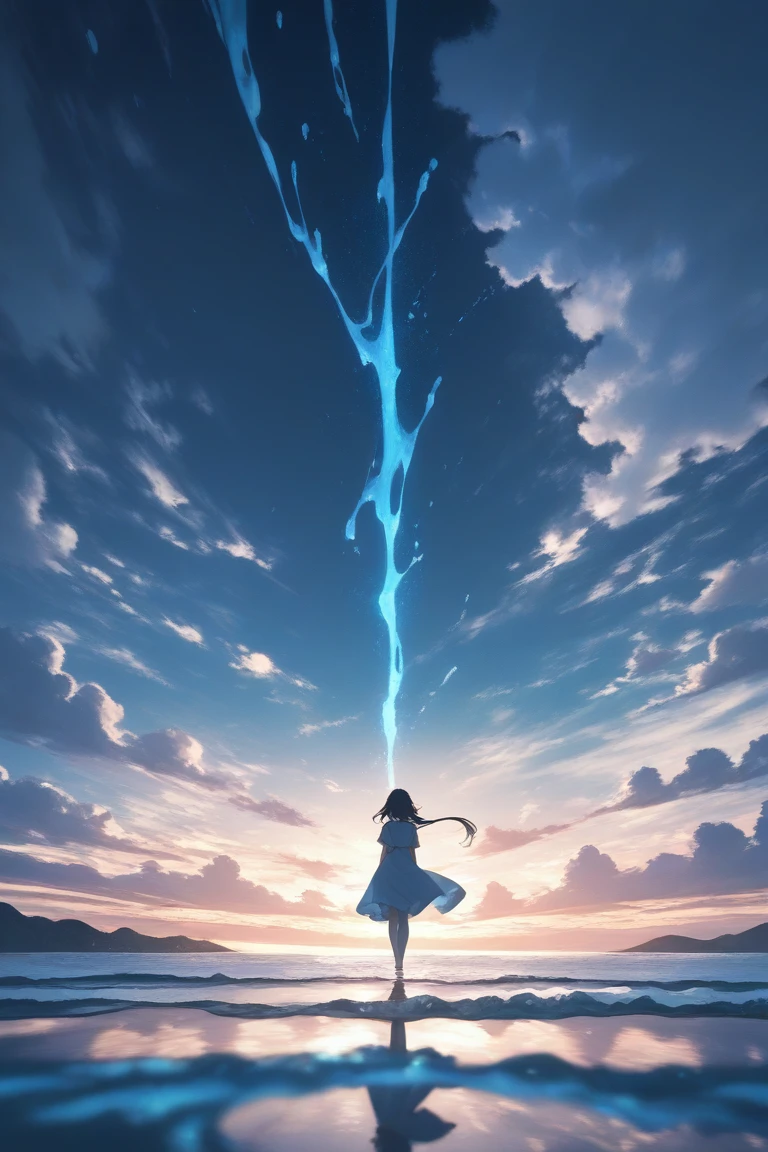 Anime Cinematic Dark Lighting, landscape sky and clouds with a sense of counter movement, nuvens brancas e grandes, sol grande e alto, floor with blue lake water, reflection of sky in water, Vento soprando cabelo, luz saltando do sol, indigo sun , dia claro, Clima quente, (Detalhe final na paisagem: 1.5), 1 , above the water reflection of the sky, Masterpiece, (olhos prateados: 1.5), (cabelo comprido azul verde e amarelo forte solto 1.8), anime ,olhar feliz, new life perception, Luz, mulher adulta, vestido medieval branco bordado com flores azuis, pose with open arms, cores de anime, imagem em perspectiva da meninaem complexa, 4k, Reflexos Ultra Detalhados