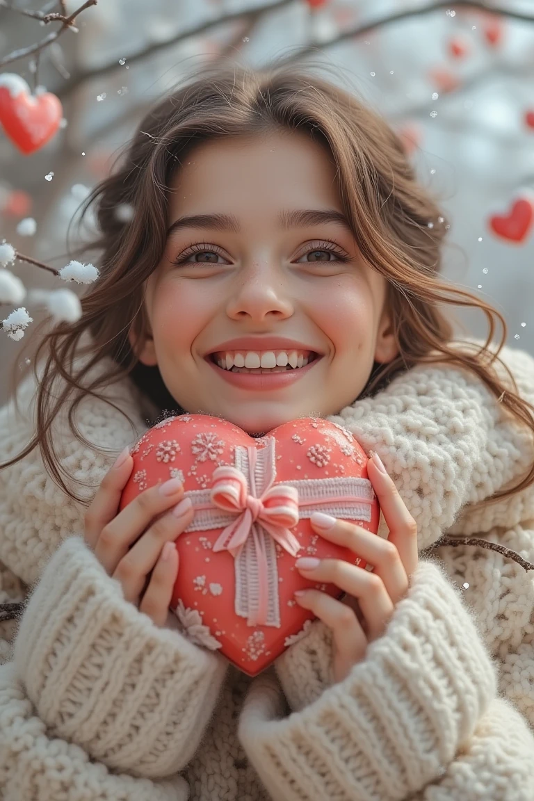 Arafed woman holding a red heart in her hands, lovely smile, Directed by: Nina Petrovna Valetova, Directed by: Marie Bashkirtseff, Directed by: Elaine Hamilton, bonito e sorridente, lovely woman, Directed by: Alexander Kucharsky, com um lindo sorriso, sorriso bonito, mulher bonito, arte digital. foto realista, sofya emelenko, sorriso doce