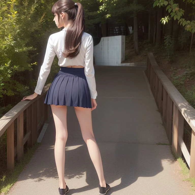 NSFW,from the rear、Cute girl on the stairs、up skirt、heavy wind、turned around、Shy face、masutepiece、top-quality