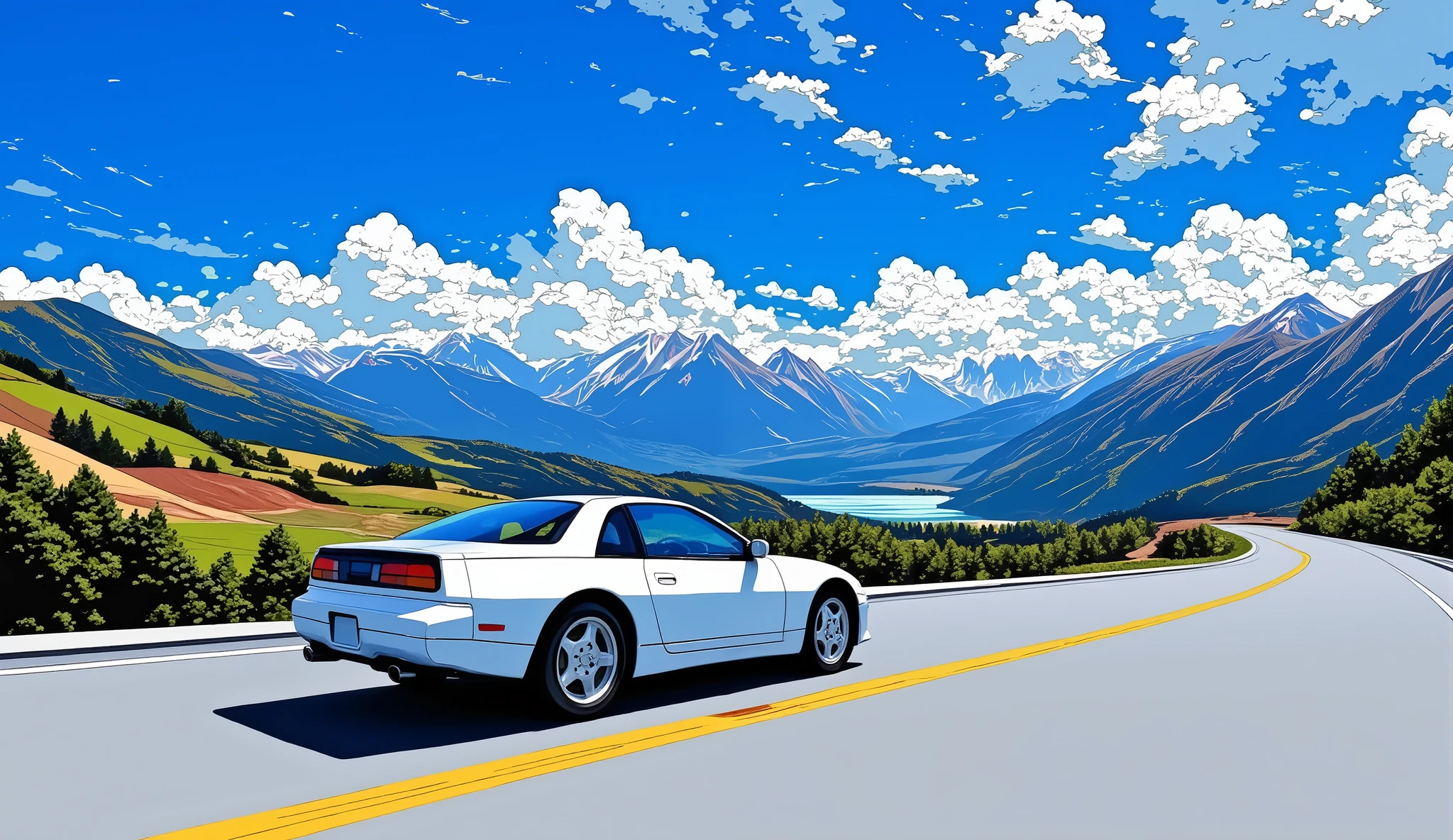 in the morning、Blue Sky、Mountain pass、90Era、Nissan 300ZX、Pure white car body、sense of speed