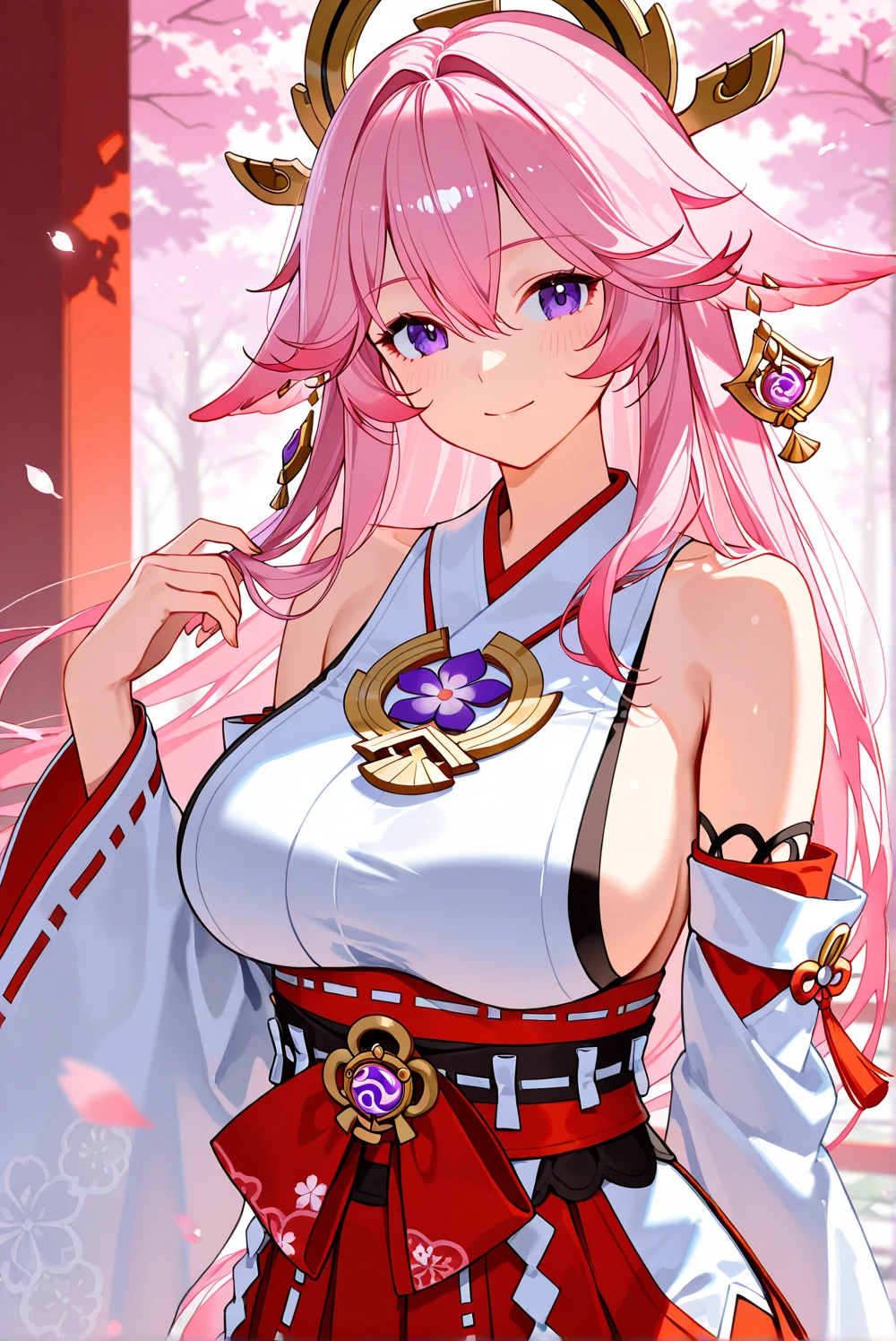 masterpiece,highest quality,(Super detailed),written boundary depth,perfect sentence, Detailed CG,Super detailed,(highly detailed eyes,very cute face,highly detailed face:1.3),beautiful anime girl,(solo girl:1.9),(super huge breasts:1.9),(pink hair,low twin tails:1.5),(light blue eyes:1.3),(smile full of joy:1.3),open your mouth,show viewer,break,(shrine maiden costume,white kimono:1.5),off shoulder,removable sleeve,light effect,Are standing,Spread your hands from side to side,dynamic pose,break,(night sky,Mountain々distant view of,big full moon:1.5),thin clouds,The stars are shining,