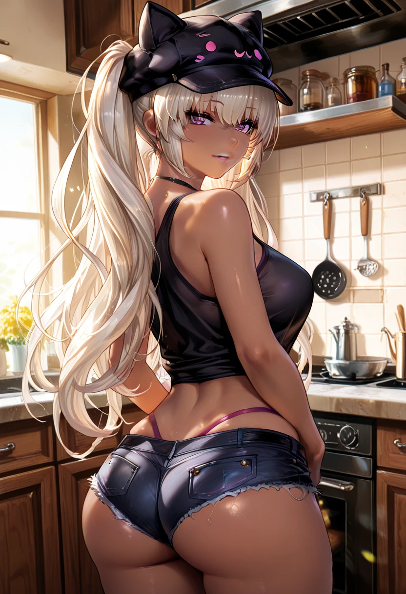 8K, 4k, highest quality, High resolution: 1.2), (masterful, realistic, Photoreal: 1.4), 1 woman, Older sister's atmosphere、beautiful face, she has a bright smile、open your mouth、Shining Lipin Eyes, beholder, Fair skin, white skin: 1.5), Fine complexion, big, big, blonde hair、headband bangs, , young, s asack-view、big ass、super breasts、H cup、lower hair、Rear view、exposed nipples、T-back that digs into your butt、wear a white thong、emphasize the buttocks、ホワイトカラーのCalvinKleinTバック、CalvinKlein、cute long hairstyle、wear high heel boots、CalvinKleinの下着だけ、topless、